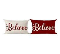 Ramirar Set of 2 Merry Christmas Claret Wine Red Word Believe Inspirational Decorative Lumbar Throw Pillow Cover Case Home Living Room Bed Sofa Car Cotton Linen Rectangular 12 x 20 Inches
