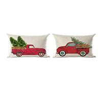 Ramirar Set of 2 Merry Christmas Retro Red Pickup Truck Pine Trees Snowflakes Decorative Lumbar Throw Pillow Cover Case Home Living Room Bed Sofa Car Cotton Linen Rectangular 12 x 20 Inches