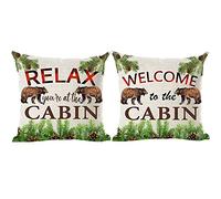 Ramirar Set of 2 Relax You are At The Cabin Welcome to The Cabin Brown Bear Decorative Throw Pillow Cover Case Home Living Room Bed Sofa Car Cotton Linen Square 18 x 18 Inches