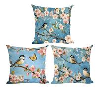 ramirar Set of 3 Ink Painting Watercolor Pink Peach Blossom Flowers Birds Blue Background Decorative Throw Pillow Cover Case Cushion Home Living Room Bed Sofa Car Cotton Linen Square 18 x 18 Inches