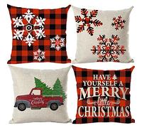 Ramirar Set of 4 Have Yourself A Merry Little Christmas Trees Snowflakes Retro Pickup Truck Decorative Throw Pillow Cover Case Cushion Home Living Room Bed Sofa Car Cotton Linen Square 18 x 18 Inches