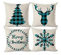 ramirar Set of 4 Merry Christmas Blue Black Lattice Plaid Deer Tree Snowflake Winter Decorative Throw Pillow Cover Case Cushion Home Living Room Bed Sofa Car Cotton Linen Square 18 x 18 Inches