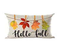 ramirar Watercolor Brown Orange Maple Leaves Hello Fall Y'all Autumn Decorative Lumbar Throw Pillow Cover Case Cushion Home Living Room Bed Sofa Car Cotton Linen Rectangular 12 x 20 Inches
