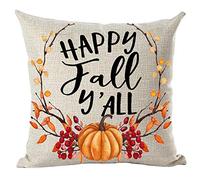 Ramirar Watercolor Orange Pumpkins Maple Leaves Fruits Happy Fall Y'all Autumn Decorative Throw Pillow Cover Case Home Living Room Bed Sofa Car Cotton Linen Square 18 x 18 Inches