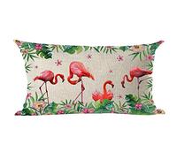 ramirar Watercolor Pink Flamingo Flowers Green Leaves Lover Valentine's Day Decorative Lumbar Throw Pillow Cover Case Cushion Home Living Room Bed Sofa Car Cotton Linen Rectangular 12 x 20 Inches
