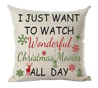 ramirar Watercolor Word Art Quote Watch Christmas Movies All Day Deer Bells Snowflakes Stars Decorative Throw Pillow Cover Case Cushion Home Living Room Bed Sofa Car Cotton Linen Square 18 x 18 Inches
