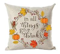 ramirar Watercolor Yellow Orange Pumpkins Maple Leaves Round in All Things Give Thanks Decorative Throw Pillow Cover Case Cushion Home Living Room Bed Sofa Car Cotton Linen Square 18 x 18 Inches