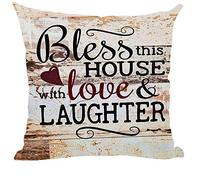 ramirar Word Art Quote Bless This House with Love & Laughter Retro Brown Wood Background Decorative Throw Pillow Cover Case Cushion Home Living Room Bed Sofa Car Cotton Linen Square 18 x 18 Inches