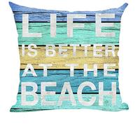 ramirar Word Art Quote Life is Better at The Beach Yellow Blue Wood Background Sea Travel Decorative Throw Pillow Cover Case Cushion Home Living Room Bed Sofa Car Cotton Linen Square 18 x 18 Inches