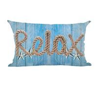 ramirar Word Art Relax Starfish Watercolor Blue Wood Background Summer Decorative Lumbar Throw Pillow Cover Case Cushion Home Living Room Bed Sofa Car Cotton Linen Rectangular 12 x 20 Inches