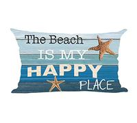 Ramirar Word Art The Beach is My Happy Place Blue Wood Grain Background Summer Decorative Lumbar Throw Pillow Cover Case Home Living Room Bed Sofa Car Cotton Linen Rectangular 12 x 20 Inches