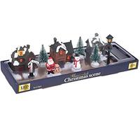 Rammento 10 Piece Christmas Village Set - Festive Miniature Scene with Warm LED Lights, Ideal for Display on Window Sill or Mantelpiece, Complete with Snowman, Santa, Trees, Houses and More