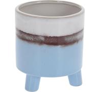 Rammento 14cm (1L) Round Ceramic Plant Pot With 3 Legs - Blue, White and Brown | 16cm Tall Decorative Glossy Indoor Planter for Succulents/Herbs | Modern Flower Pot for Home Windowsill & Shelf Display