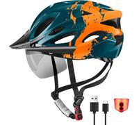 RaMokey Bike Helmet for Men and Women, Lightweight Cycle Helmet with LED Light Magnetic Goggle Sun Visor, Mountain & Road Bicycle Helmets for Adult Cycling Adjustable Size 57-62cm (Green+Orange)
