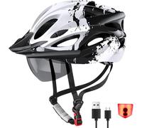 RaMokey Bike Helmet for Men and Women, Lightweight Cycle Helmet with LED Light Magnetic Goggle Sun Visor, Mountain & Road Bicycle Helmets for Adult Cycling Adjustable Size 57-62cm (White)