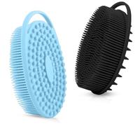 RamPula Silicone Body Scrubber Brush Glove for Exfoliating Wet or Dry Skin Body Wash Bath Shower Tool, with Super Soft Manual Facial Cleansing Brush Scrubber (Black and Blue)