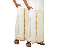 Ramraj Cotton Men Cotton Blend Readymade White & Cream Dhoti With Gold Jari Border Genxt| Single Layer, Cream_2, 34