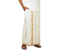 Ramraj Cotton Men Cotton Blend Readymade White & Cream Dhoti With Gold Jari Border Genxt| Single Layer, Cream_1, 32