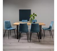 Ramsay Oak Dining Table Set - 6 Seater - 160cm - U Leg - 6 Mondrian Petrol Blue Velvet Chairs