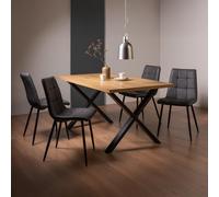 Ramsay Oak Dining Table Set - 6 Seater - 160cm - X Leg - 4 Mondrian Dark Grey Faux Leather Chairs