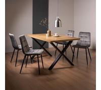 Ramsay Oak Dining Table Set - 6 Seater - 160cm - X Leg - 4 Mondrian Grey Velvet Chairs
