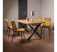 Ramsay Oak Dining Table Set - 6 Seater - 160cm - X Leg - 4 Mondrian Mustard Velvet Chairs