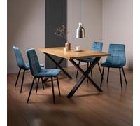 Ramsay Oak Dining Table Set - 6 Seater - 160cm - X Leg - 4 Mondrian Petrol Blue Velvet Chairs