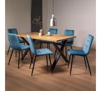 Ramsay Oak Dining Table Set - 6 Seater - 160cm - X Leg - 6 Mondrian Petrol Blue Velvet Chairs
