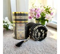 RAMSE Muslim Prayer Mat and Beads with Kaaba Design, Islamic Gift, Janamaz, Sajadah, Salah Mat (BLACK)