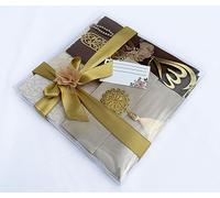 RAMSE Muslim Prayer Rug, 7 In One Gift Set, Prayer Mat Surah Book, Tasbeeh, Scarf, Surah Case, Bookmark, Car Mirror Hanger, Prayer Beads,Islamic Gift for Umrah, Hajj, Wedding, Janamaz (GOLD)