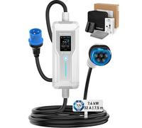 RamTouch Portable EV Charger (7.4 kW, 32A, 7.5 m, IP67) | CEE 32 A Commando Plug to Type 2 | Mode 2 Fast Charging Cable with Adjustable 6A-32A, Smart Timer & LCD, AC/DC RCD Protection for EVs & PHEVs