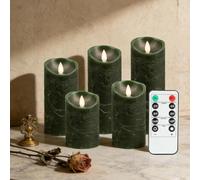 RanBluu 5 Pack LED Candles with Remote Control & 24 Hour Timer, Flameless Real Wax Pillars, Battery Powered Flickering Candles for Birthday/Party/Wedding, Green