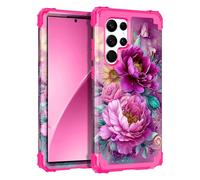 Rancase for Galaxy S22 Ultra Case,Three Layer Heavy Duty Shockproof Protection Hard Plastic Bumper +Soft Silicone Rubber Protective Case for Samsung Galaxy S22 Ultra 5G,Glow in The Dark-Hot Pink