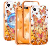 Rancase for iPhone 17e Case with Screen Protector, Clear Butterfly Design, Compatible with MagSafe, Hard PC&TPU Bumper Shockproof Protective Full Body Rugged Phone Cover Women, Magnetic-Cosmic Orange