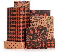 Rancco Halloween Wrapping Paper Set of 6 with 24 Pc Gift Stickers, Holiday Gift Wrap Paper Pumpkin Skulls Ghost Witch Bat, Thick Kraft Halloween Paper for Gift DIY Craft, Decor, 27.6x19.7in per sheet