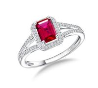 RANDES 925 Sterling Silver Emerald Cut Cubic Zirconia Wedding Ring Split Shank Halo Birthstone Rings for Women Size 6-10, Sterling Silver, Created Ruby