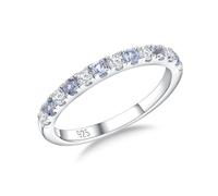RANDES Birthstone Rings Eternity Ring 925 Sterling Silver Yellow Gold Artificial Gemstone Stackable Wedding Band Half Eternity Rings for Women Size 6 to 10, Gemstone, Created Aquamarine Cubic Zirconia
