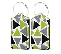 Random Triangles Lime Green Gray Black On White,Luggage Tags Pu Leather Name Tag Travel Suitcase Identifier ID Tags Durable Luggage Label 2 pcs