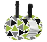 Random Triangles Lime Green Gray Black On White,Luggage Tags Pu Leather Name Tag Travel Suitcase Identifier ID Tags Durable Baggage Label 2 pcs