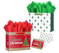 Ranfashiong 13" Christmas Gift Bag with Tissue Paper Xmas Wrapping New Year's Holiday Presents 2PCS(Red Green)