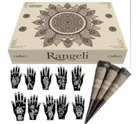 Rangeli 100% Natural Henna Cones with Stencil Kit, Ready to Use Suitable for Temporary Tattoo Weddings and Festivals, Chemical-Free Reddish-Brown Mehandi Cones, Pack of 12