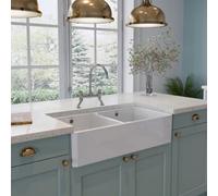 Rangemaster 900mm Farmhouse 2-Bowl Ceramic Belfast Sink - White Gloss With Waste Kit
