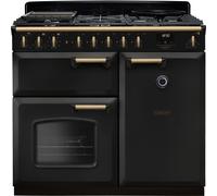 Rangemaster Classic Deluxe 100 Dual Fuel CLDL100DFPCBL/AB1 100cm wide Dual Fuel Range Cooker with Gas Hob - Charcoal Black / Antique Brass - A Rated, Black