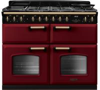 Rangemaster Classic Deluxe 110 CLDLB110DFPBOR/AB1 110cm wide Dual Fuel Range Cooker with Gas Hob - Bordeaux / Antique Brass - A/A/A Rated, Red