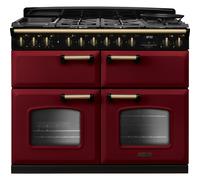 Rangemaster Classic Deluxe 110 CLDLB110DFPBOR/AB1 110cm wide Dual Fuel Range Cooker with Gas Hob - Bordeaux / Antique Brass - A/A/A Rated, Red