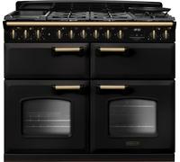 Rangemaster Classic Deluxe 110 CLDLB110DFPCBL/AB1 110cm Dual Fuel Range Cooker with Gas Hob - Charcoal Black / Antique Brass - A/A/A Rated, Black