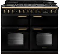 Rangemaster Classic Deluxe 110 CLDLB110DFPGBL/AB1 110cm wide Dual Fuel Range Cooker with Gas Hob - Black / Antique Brass - A/A/A Rated, Black