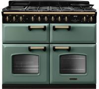 Rangemaster Classic Deluxe 110 CLDLB110DFPMGR/AB1 110cm wide Dual Fuel Range Cooker with Gas Hob - Mineral Green / Antique Brass - A/A/A Rated, Green