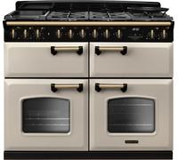 Rangemaster Classic Deluxe 110 CLDLB110DFPPCR/AB1 110cm Dual Fuel Range Cooker with Gas Hob - Pale Cream / Antique Brass - A/A/A Rated, Cream