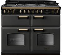Rangemaster Classic Deluxe 110 CLDLB110DFPSLT/AB1 110cm wide Dual Fuel Range Cooker with Gas Hob - Slate / Antique Brass - A/A/A Rated, Grey